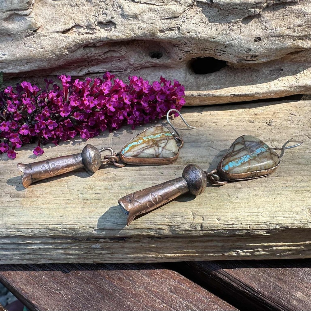 Copper, Sterling Silver and Turquoise ,squash blossom earrings